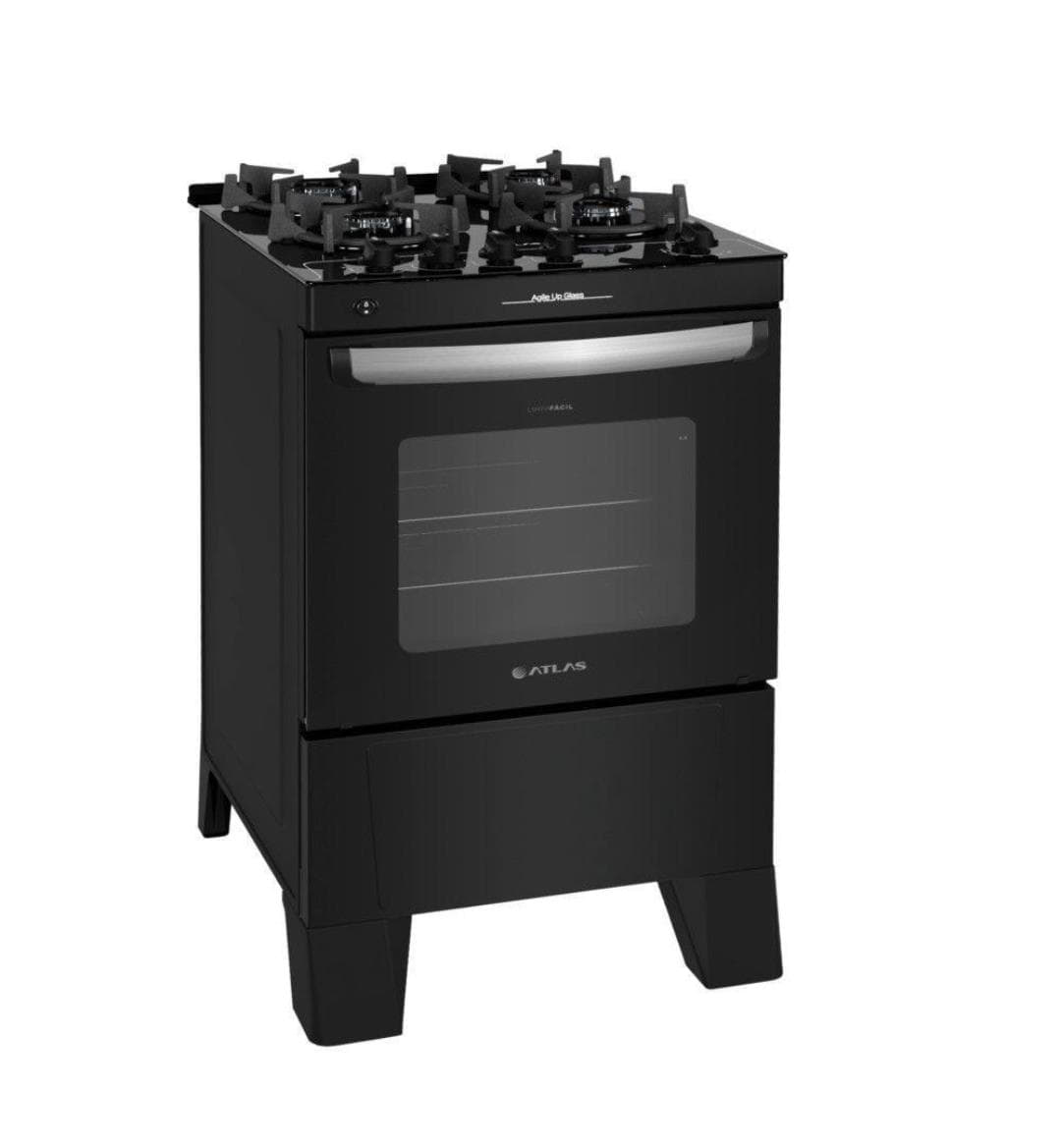 Fogão Atlas 4 bocas Agile Glass preto com mesa de vidro – Bivolt