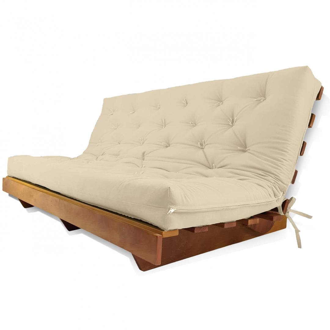 Sofá Cama Futon L Sarja Bege em Madeira Nobre Maciça Sofá Cama Futon L Sarja Bege em Madeira Nobre Maciça