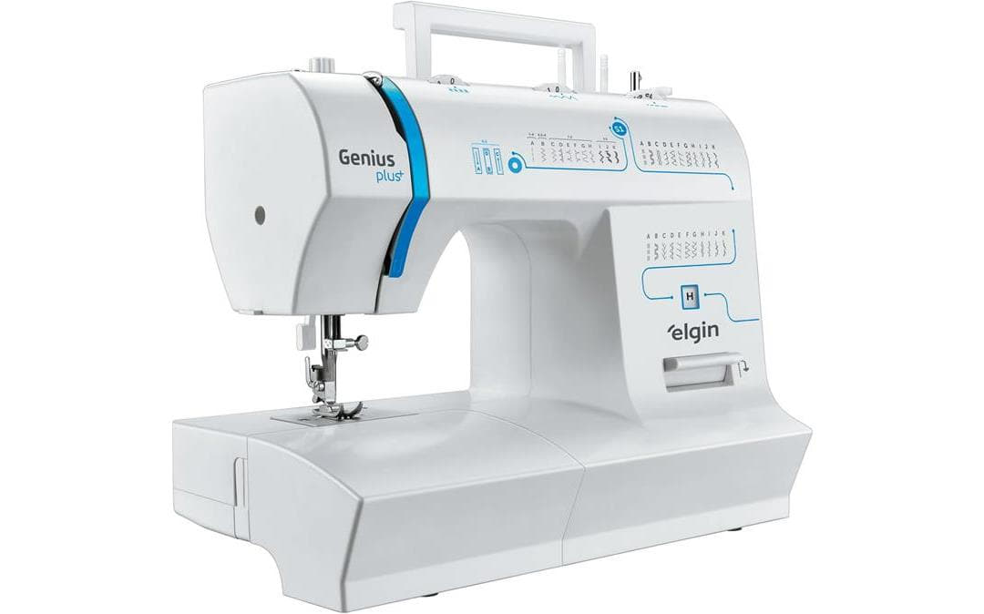 Máquina de Costura Genius Plus Elgin Portátil 31 pontos Agulha Dupla Branco e Azul