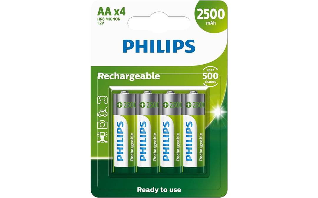 Pilha Philips recarregável AA 1.2V 2.500mAh com 4 unidades R6B4RTU25/59 Pilha Philips recarregável AA 1.2V 2.500mAh com 4 unidades R6B4RTU25/59