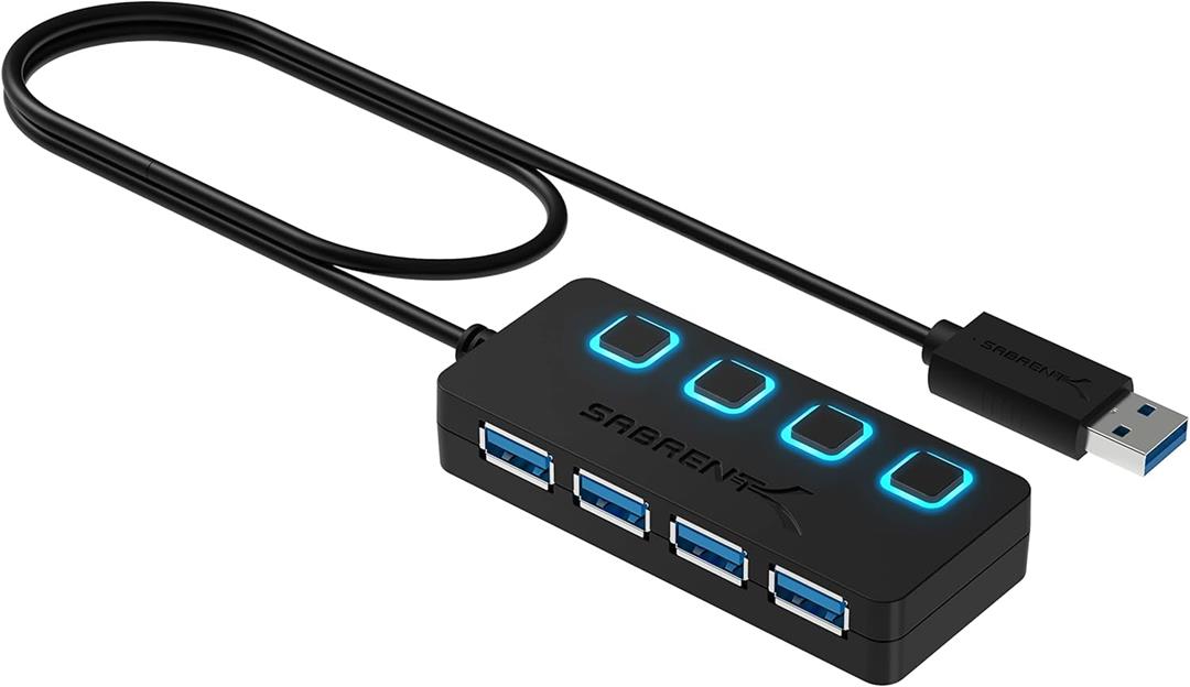 Hub USB 3.0 Sabrent de 4 portas com interruptores LED individuais (HB-UM43) Hub USB 3.0 Sabrent de 4 portas com interruptores LED individuais (HB-UM43)
