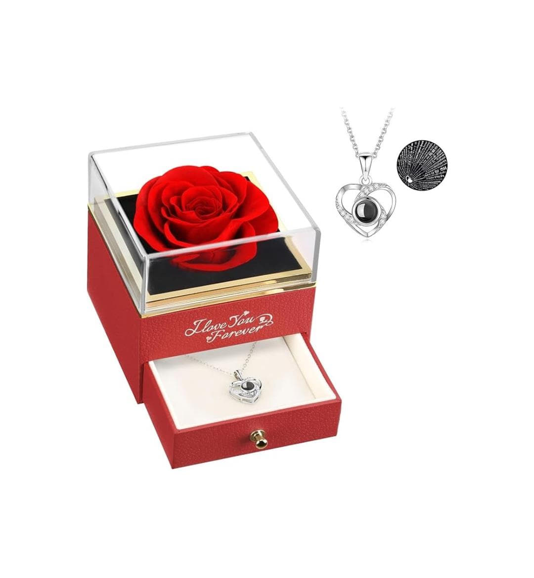 Colar de rosa real preservada com coração I Love You ASELFAD