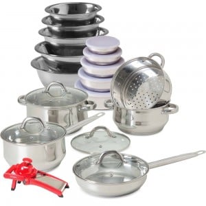 Conjunto Panelas Inox 5 Peças + Conjunto Potes 5 Peças + Conjunto Tigelas 5 Peças + Mandolin Inox e Vermelho - La Cuisine Conjunto Panelas Inox 5 Peças + Conjunto Potes 5 Peças + Conjunto Tigelas 5 Peças + Mandolin Inox e Vermelho - La Cuisine