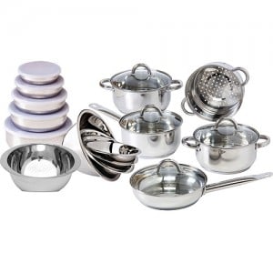 Conjunto de Panelas Inox 5 peças + Conjunto Bowls 4 peças + Escorredor Arroz + Conjunto Potes 5 peças La Cuisine
