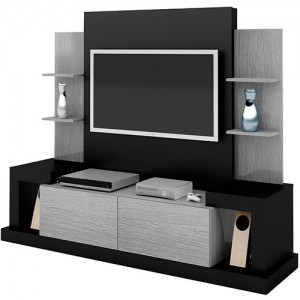 Rack com Painel Dakar 2 Gavetas e 4 Prateleiras - Cinza/Preto - Classic Home