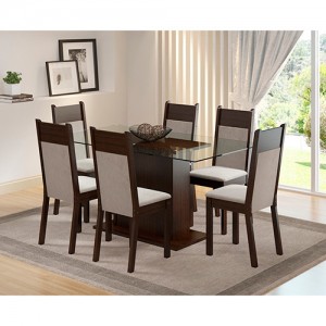 Conjunto de Mesa de Jantar Pietra com 6 Cadeiras Madesa - Tabaco - Suede Perola