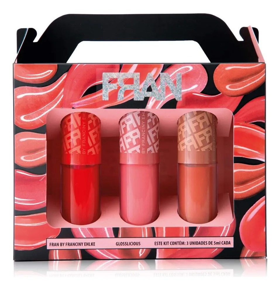 Kit 3 Gloss Glosslicious Franciny Elkhe - Cherry Lips, Juicy Lips e Cookie Lips