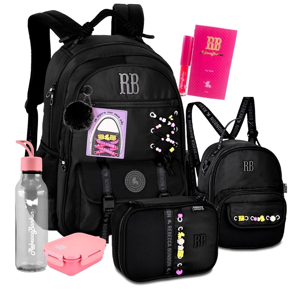 Kit Escolar Mochila, Lancheira, Estojo, Squeeze, Marmita E LIP-TINT Rebecca Bonbon 