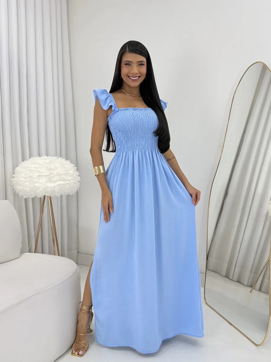 Vestido Longo Feminino Casual Lastex Alcinha Fenda