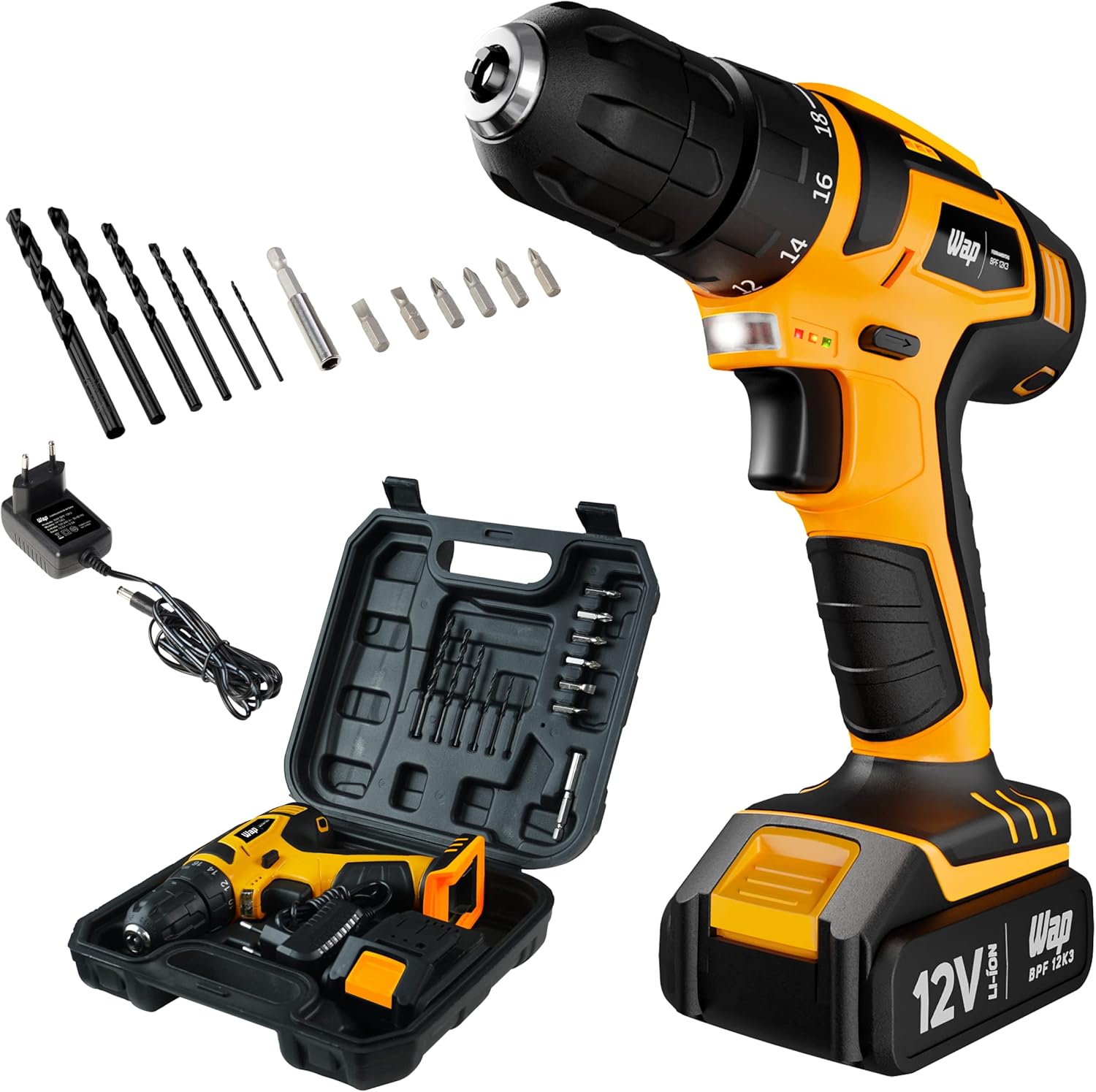 Parafusadeira e Furadeira WAP BPF-12K3 à Bateria 12V + Kit 13 Acessórios e Maleta