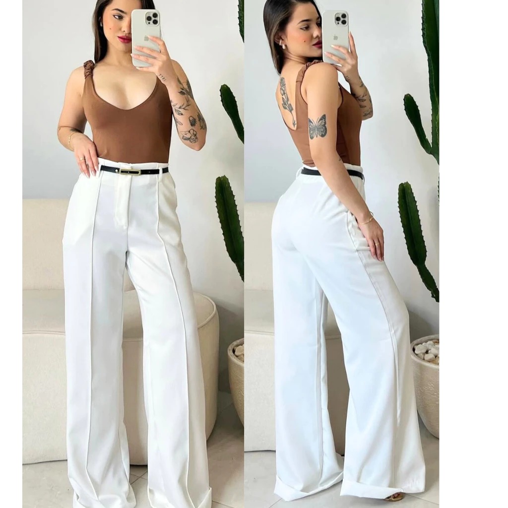 Calça feminina alfaiataria cintura alta com corte tendência do ano
