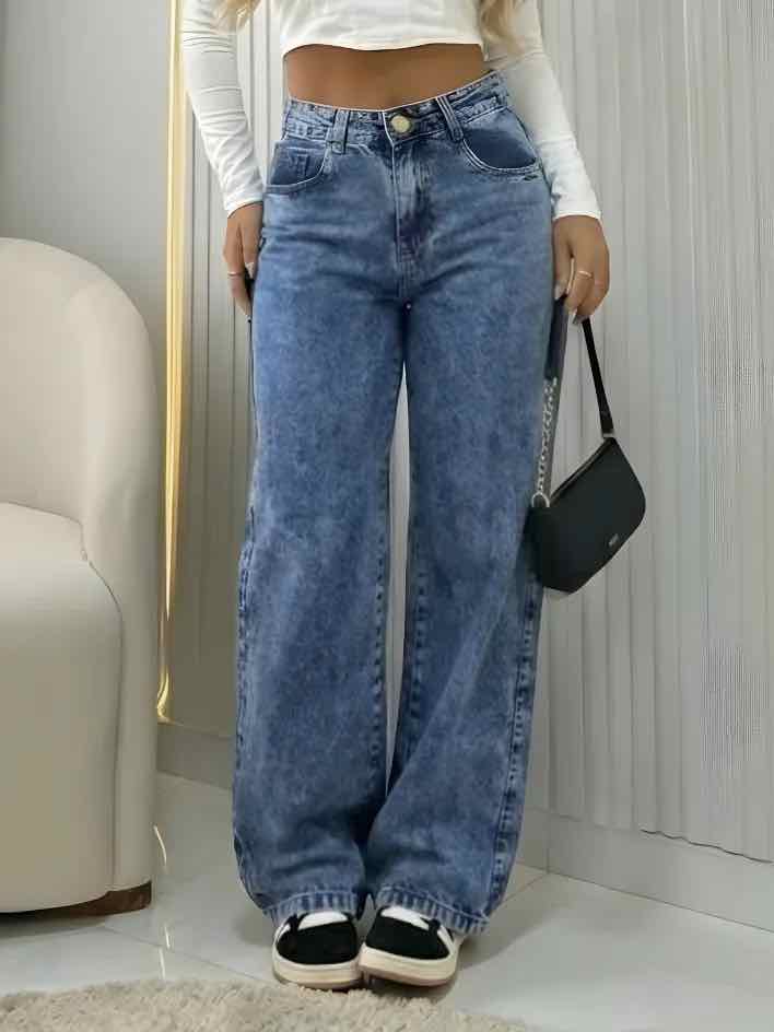 Calça Jeans Wide Leg Feminina Cintura Alta Pantalona
