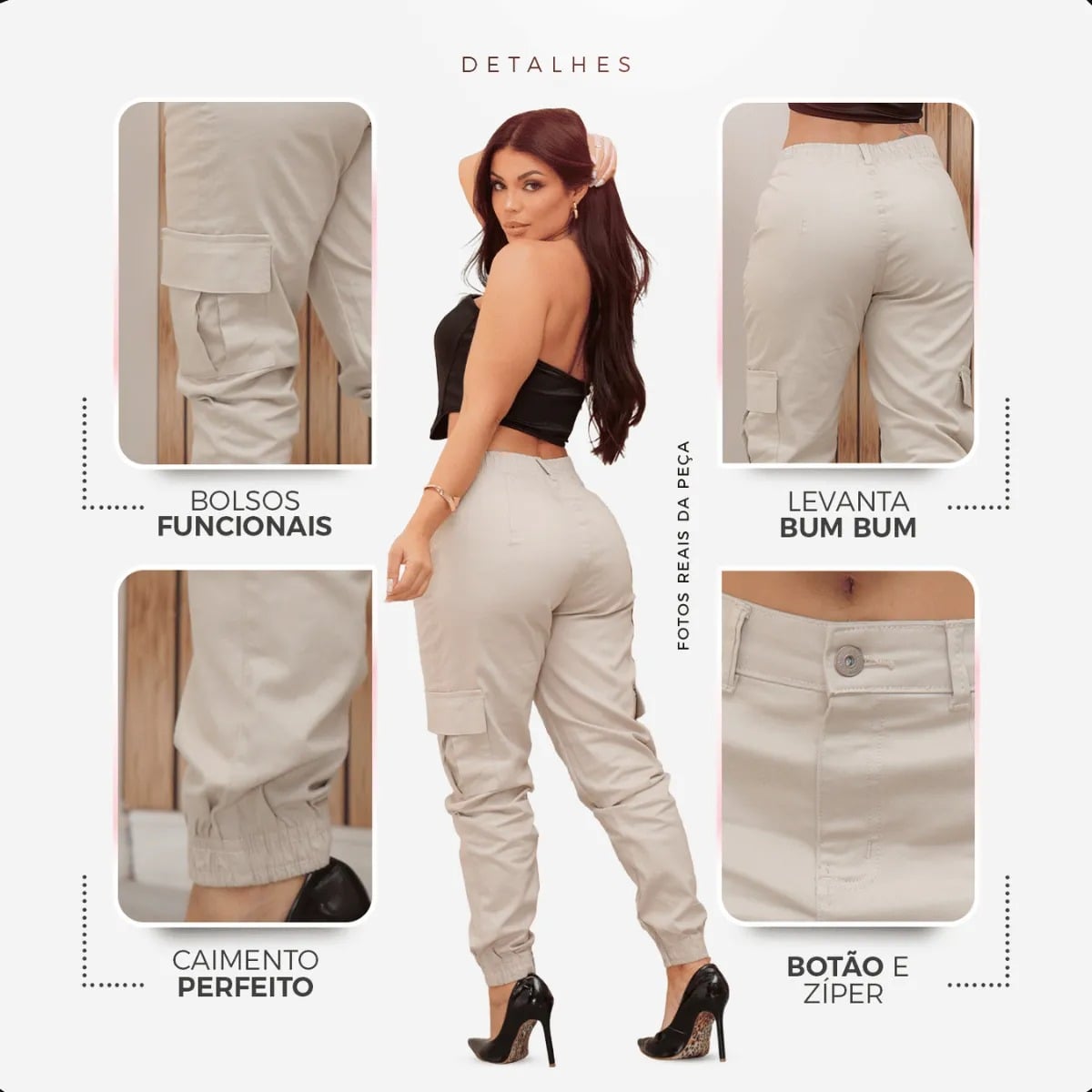Calça Cargo Jogger Feminina Cintura Alta Com Lycra