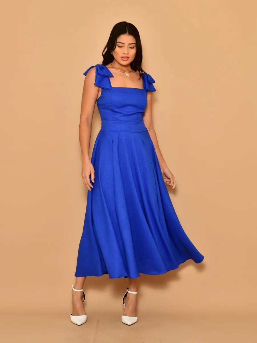 Vestido Midi Luxo Liso Duna Linho Com Laço Na Ombro